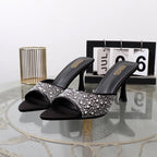 High heeled fishmouth slippers with rhinestones for summer