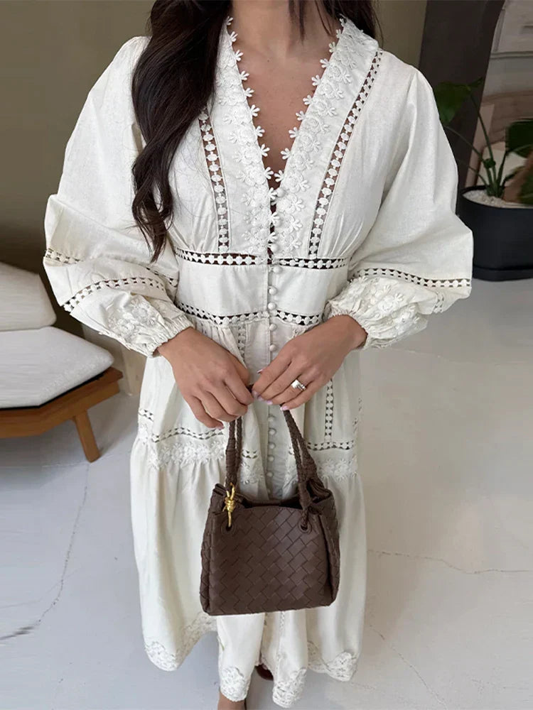 V-Neck Button Front Puff Sleeve Eyelet Lace Embroidered Tiered Maxi Dress