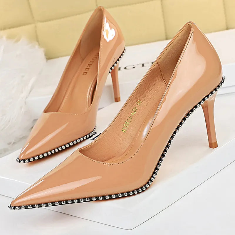 Metal Beads Black Suede High Heel Stiletto Wedding Shoes Women Pumps