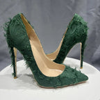 Green Tassel Distressed Fabric Stiletto High Heels Chic Sexy Pumps