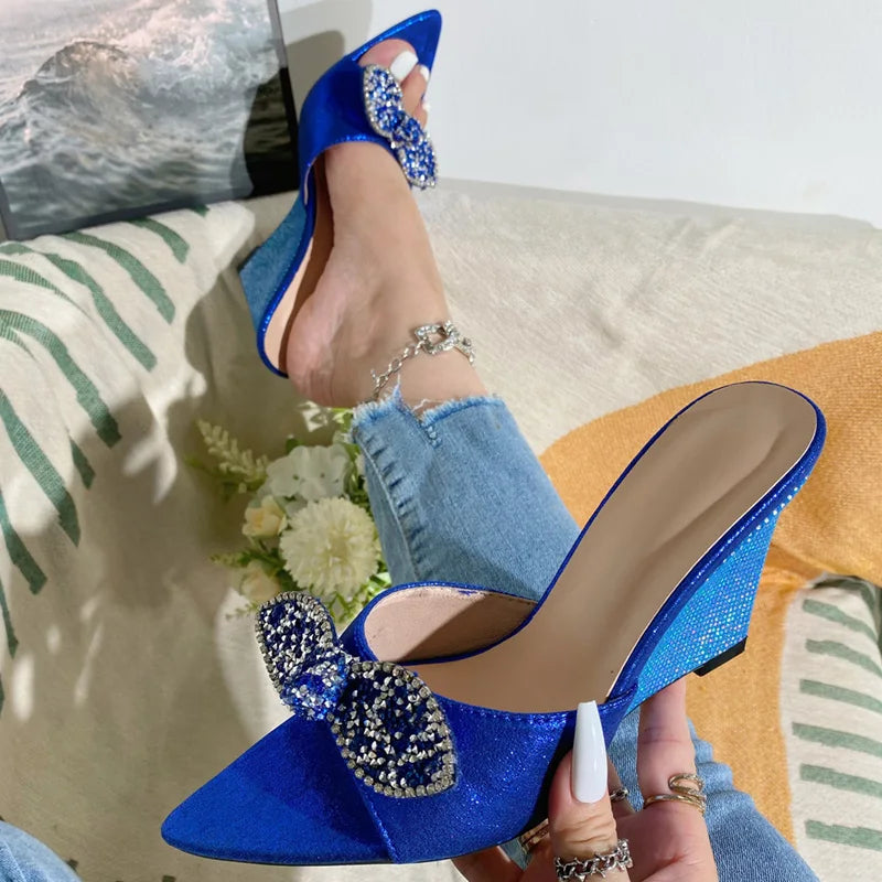 CRYSTAL Butterfly Knot Wedges Heels Slippers Sandals for Women