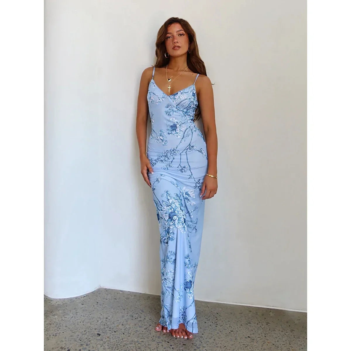 Scoop Neck Spaghetti Strap Floral Print Bustier Bodycon Maxi Dress