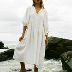 V-Neck Collar Puff Sleeve Tie Front Empire Waist Midi Dress