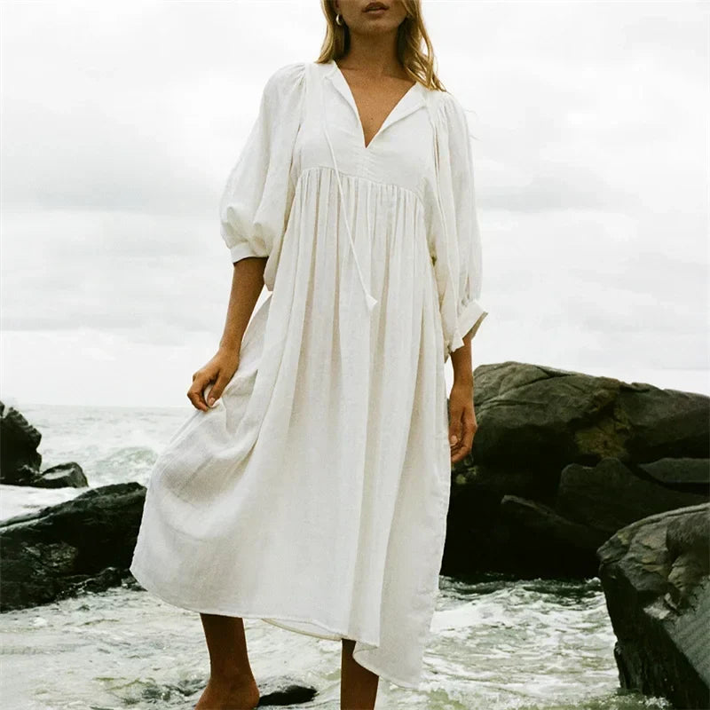 V-Neck Collar Puff Sleeve Tie Front Empire Waist Midi Dress