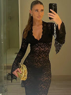 Sheer Lace Deep V-Neck Bell Sleeve Bodycon Maxi Dress