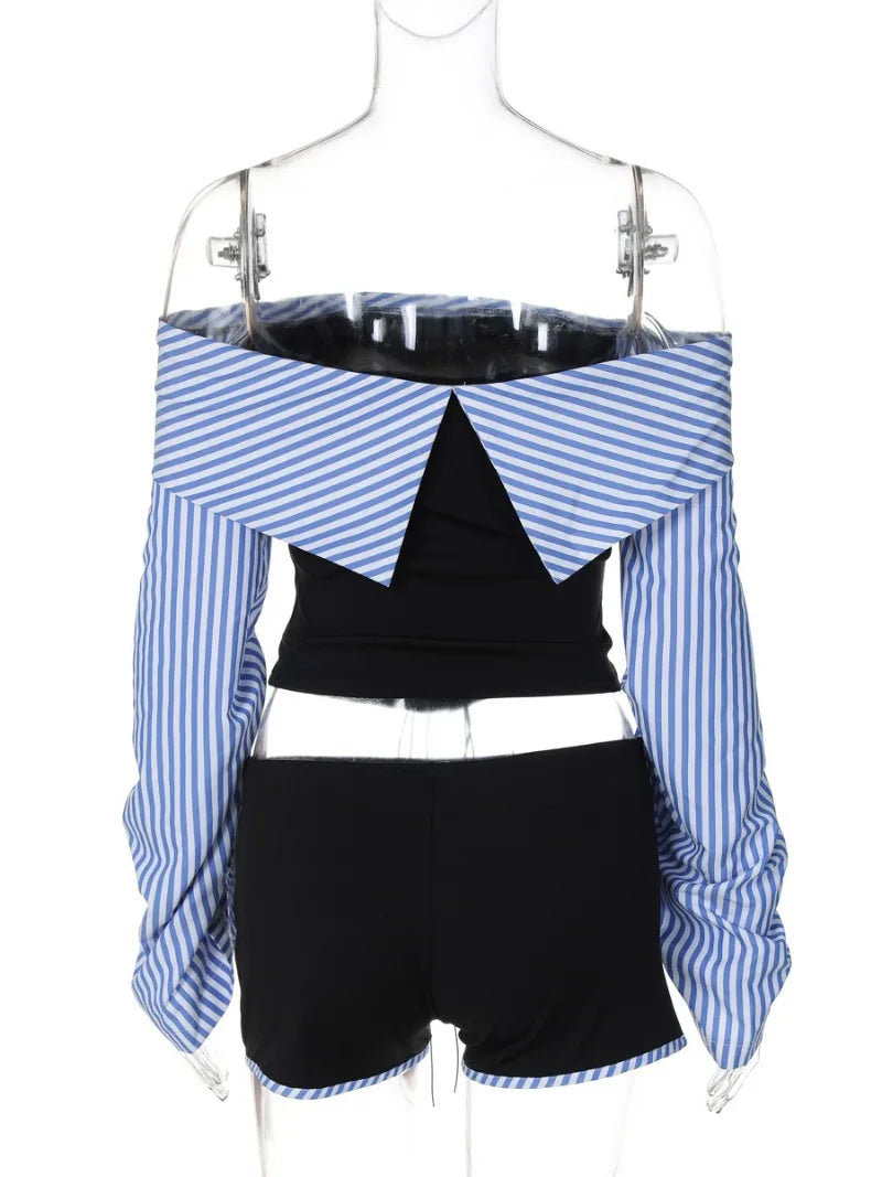 Fashion Chic Women Long Sleeve Striped Long Sleeve Corset Shirts + Shorts 2 Piece Sets High Street Tunics Bandage Female Suit