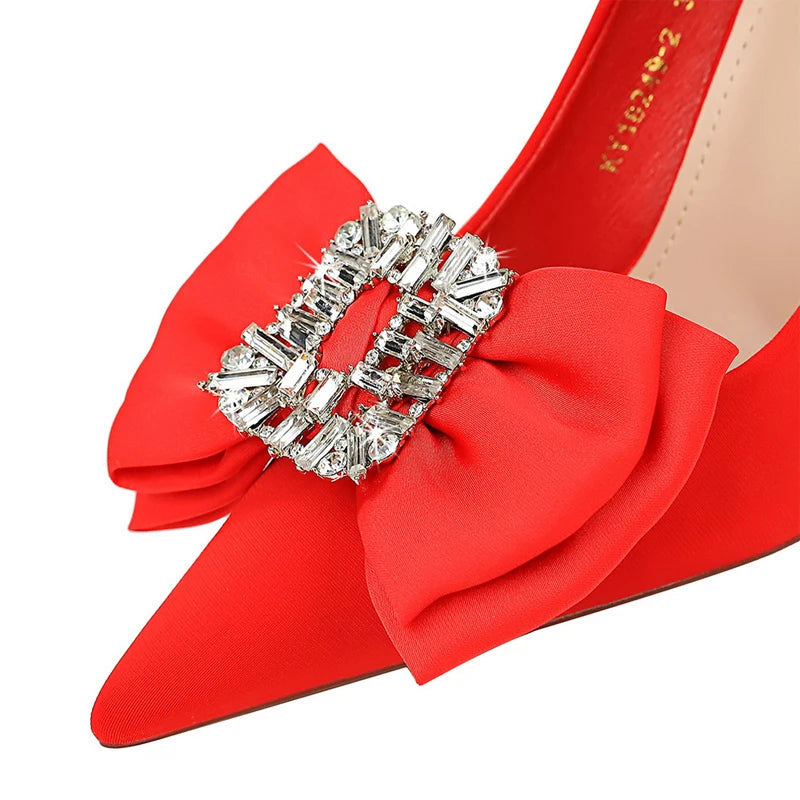 Red Silk Satin Women Pumps with Bowknot High Heels and Rhinestone Decoration