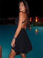 Halter Neck Polka Dot Plunging V-Neck Fit and Flare Mini Dress