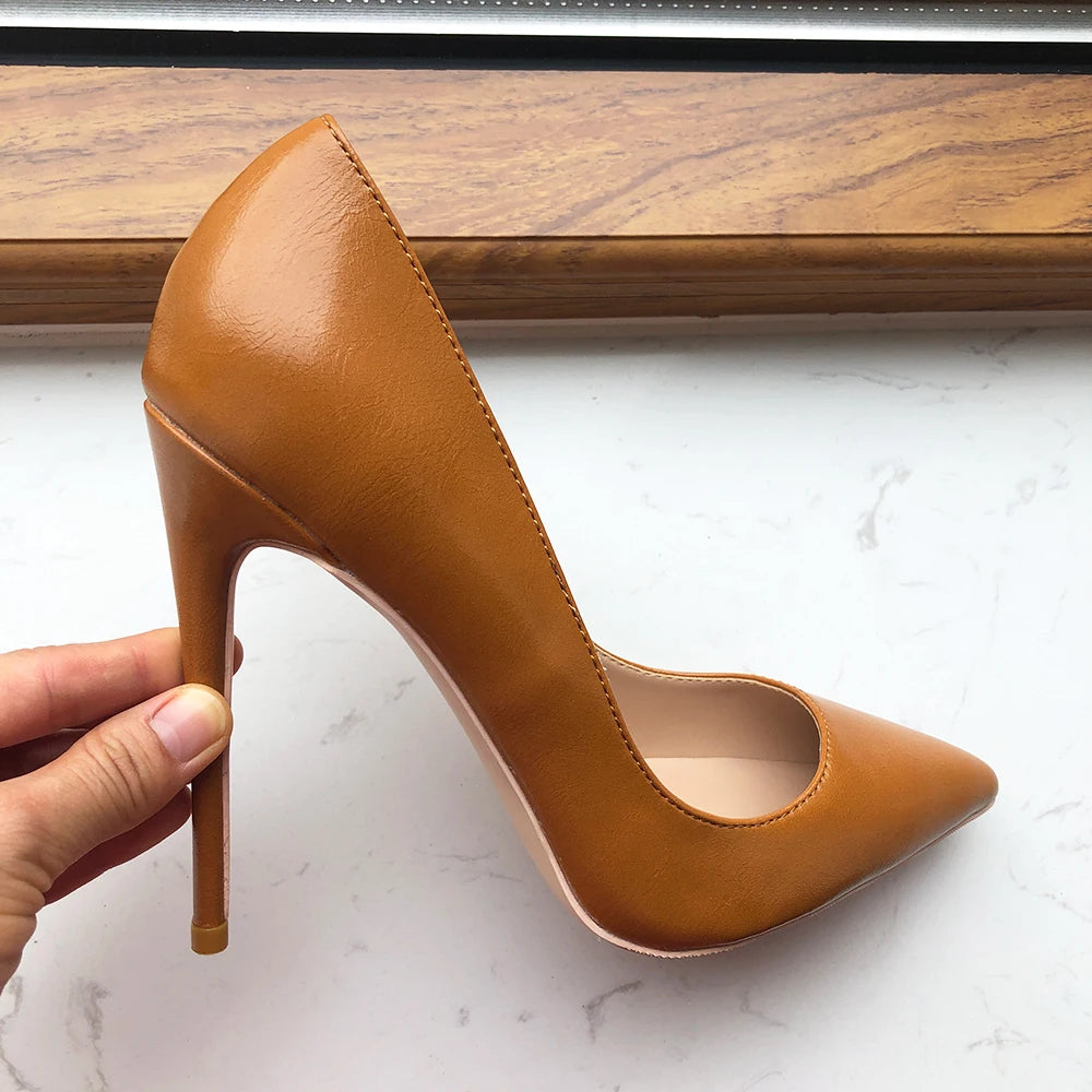 Khaki Brown Matte Pointed Toe Stiletto High Heels for Women