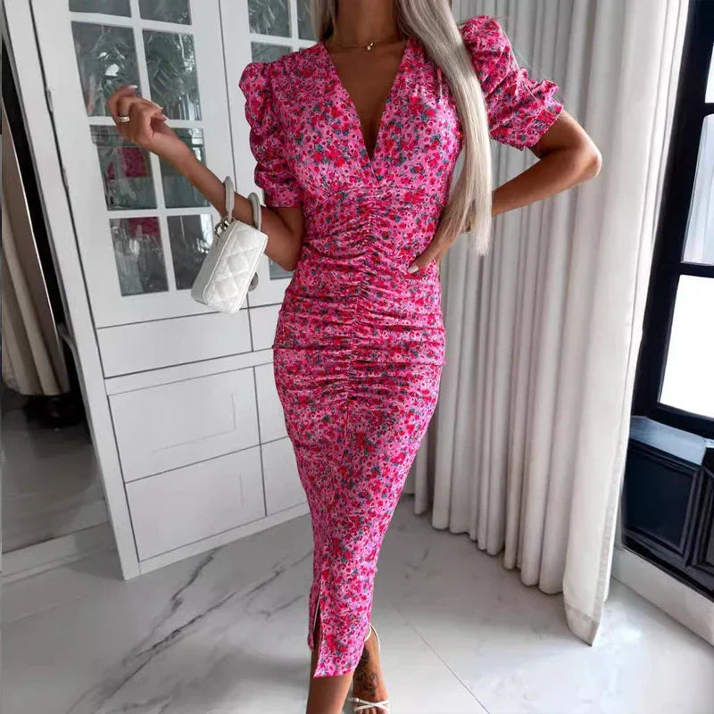 Floral Print Puff Sleeve Deep V-Neck Front Ruched Split Hem Midi Dress