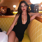 Halter Neck Deep V-Neck Sleeveless Bodycon Mini Dress