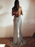 Polka Dot Floral Rosette Ruffle Trim Spaghetti Strap Slip Maxi Dress