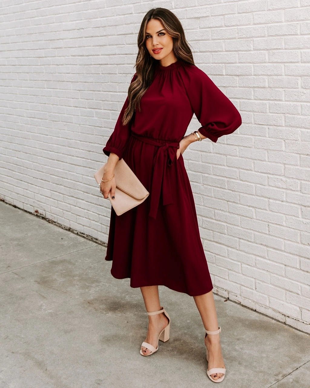 Gathered Mock Neck Lantern Sleeve Tie Waist A-Line Midi Dress