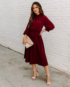 Gathered Mock Neck Lantern Sleeve Tie Waist A-Line Midi Dress