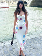 Floral Print Satin Cowl Neck Spaghetti Strap Slip Midi Dress