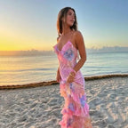 Watercolor Floral Print Ruffle Tier Spaghetti Strap Maxi Dress