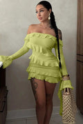 Off Shoulder Pleated Strapless Long Sleeve Patchwork Mini Dress - Mini Dress