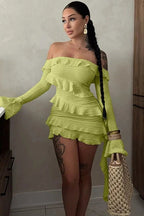 Off Shoulder Pleated Strapless Long Sleeve Patchwork Mini Dress - Mini Dress