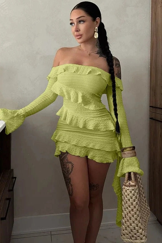 Off Shoulder Pleated Strapless Long Sleeve Patchwork Mini Dress - Mini Dress