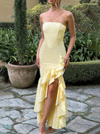 Strapless Floral Print High Low Ruffle Trim Asymmetric Hem Side Slit Maxi Dress