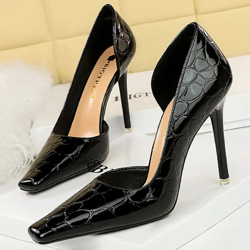 Patent Leather Stone Pattern High Heel Pumps for Women