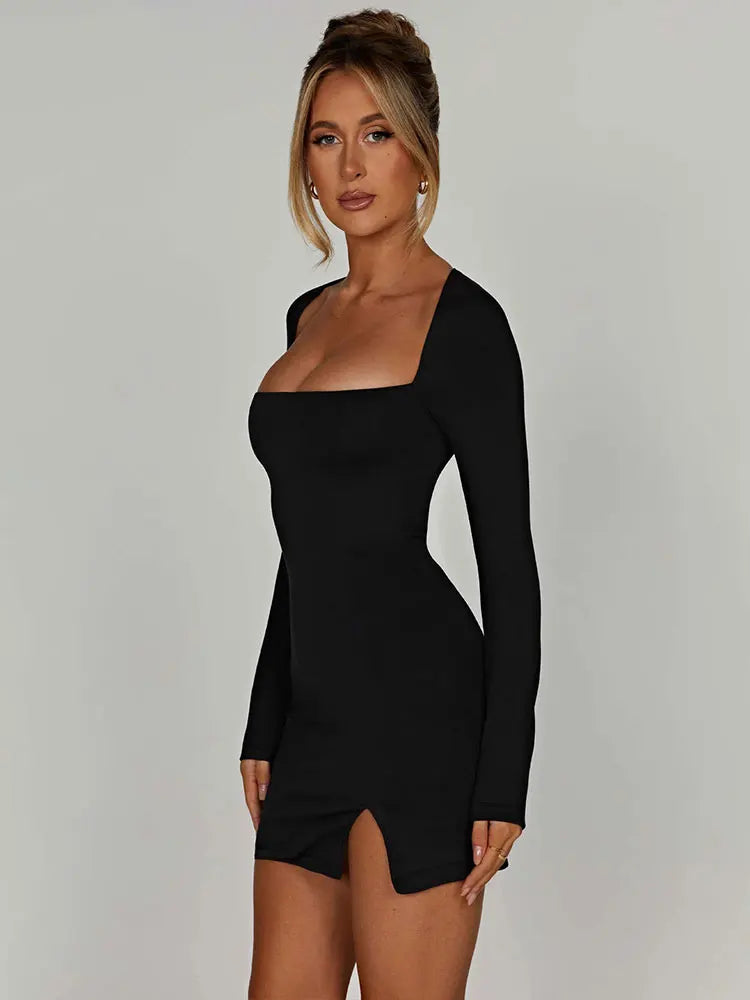 Square Neck Long Sleeve Thigh Slit Bodycon Mini Dress