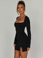 Square Neck Long Sleeve Thigh Slit Bodycon Mini Dress