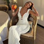 Textured Ruffle Strap Deep V-Neck Cut Out Bodycon Maxi Dress