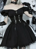 Gothic Lolita Lace Up Corset Embroidery Puff Sleeve Lace Hem Mini Dress