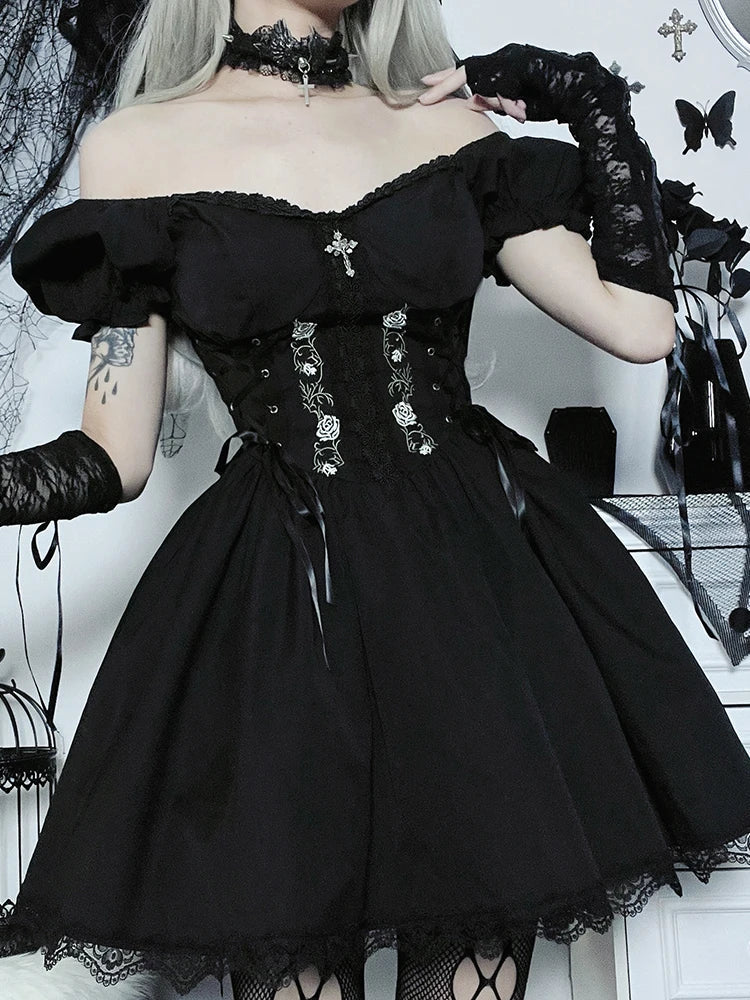 Gothic Lolita Lace Up Corset Embroidery Puff Sleeve Lace Hem Mini Dress