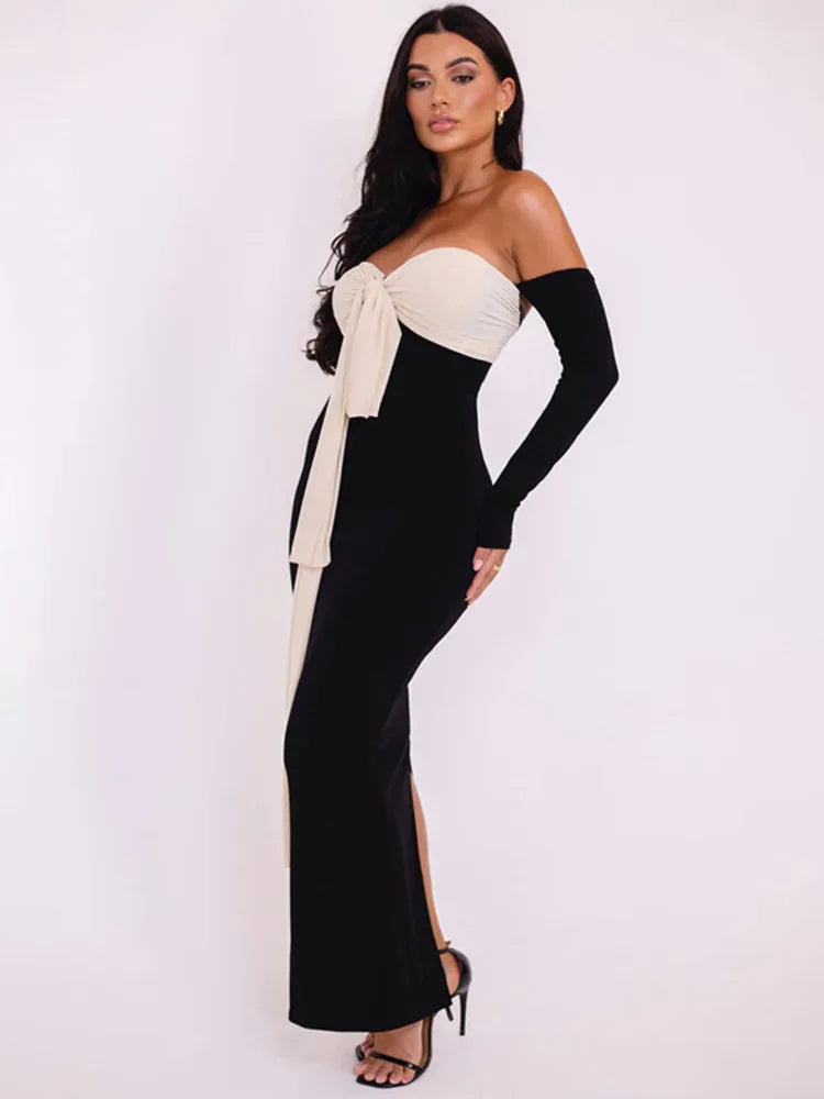 Off Shoulder Bow Detail Long Sleeve Front Sash Bodycon Midi Dress