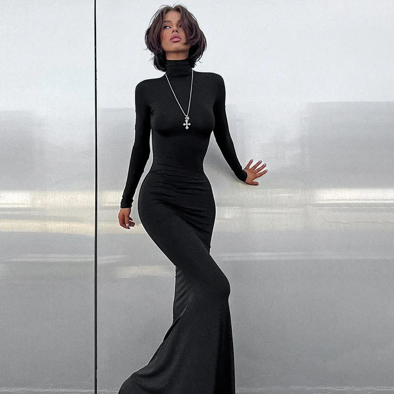Ribbed Knit Mock Neck Long Sleeve Bodycon Maxi Dress