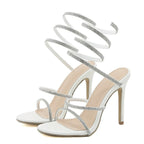White Summer Crystal Rhinestone Snake Ankle Strap High Heels Shoes
