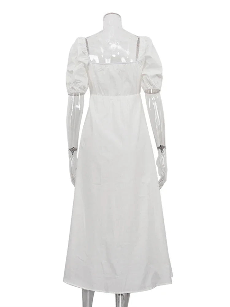 White Square Collar Puff Sleeve Long Dress For Women Slim A-Line Twist Hollow Out Cotton Elegant Dresses Autumn Fashion