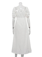 White Square Collar Puff Sleeve Long Dress For Women Slim A-Line Twist Hollow Out Cotton Elegant Dresses Autumn Fashion