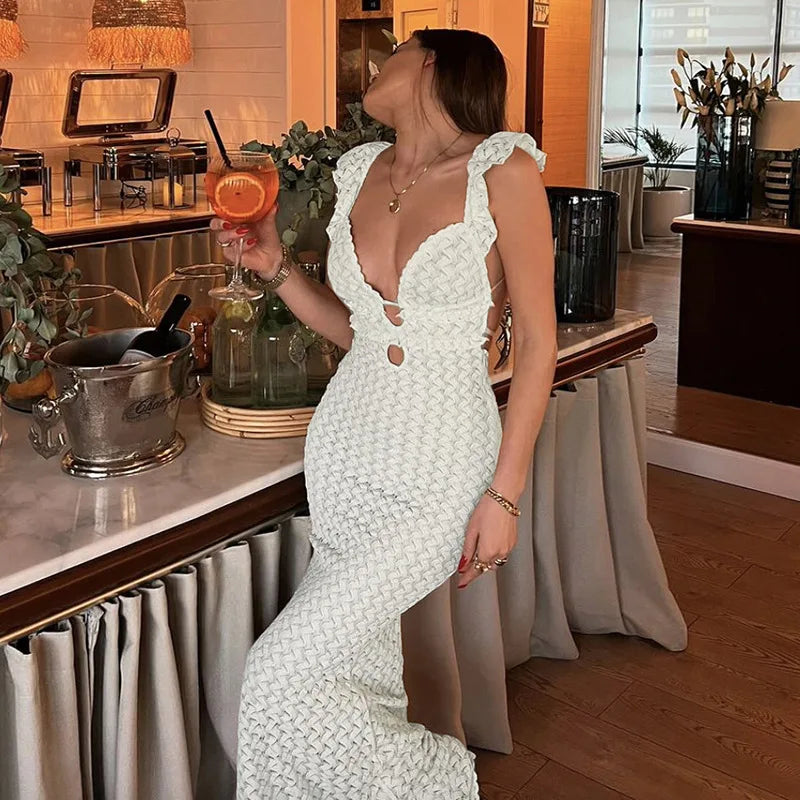 Textured Ruffle Strap Deep V-Neck Cut Out Bodycon Maxi Dress