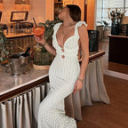 Textured Ruffle Strap Deep V-Neck Cut Out Bodycon Maxi Dress