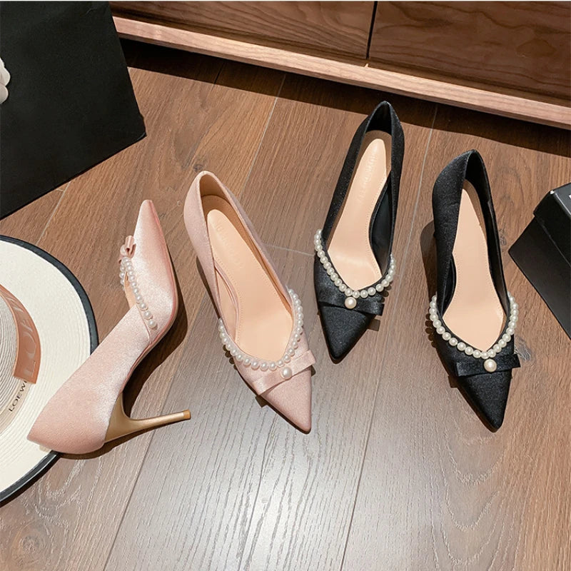 Summer Beaded Shallow Solid Pointed Toe Satin Women's High Heels