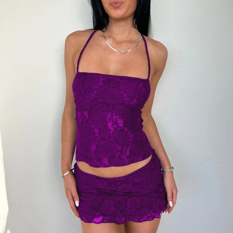 Lace Fairy Tie-Up Sleeveless Low Rise Mini Two Piece Skirt Set