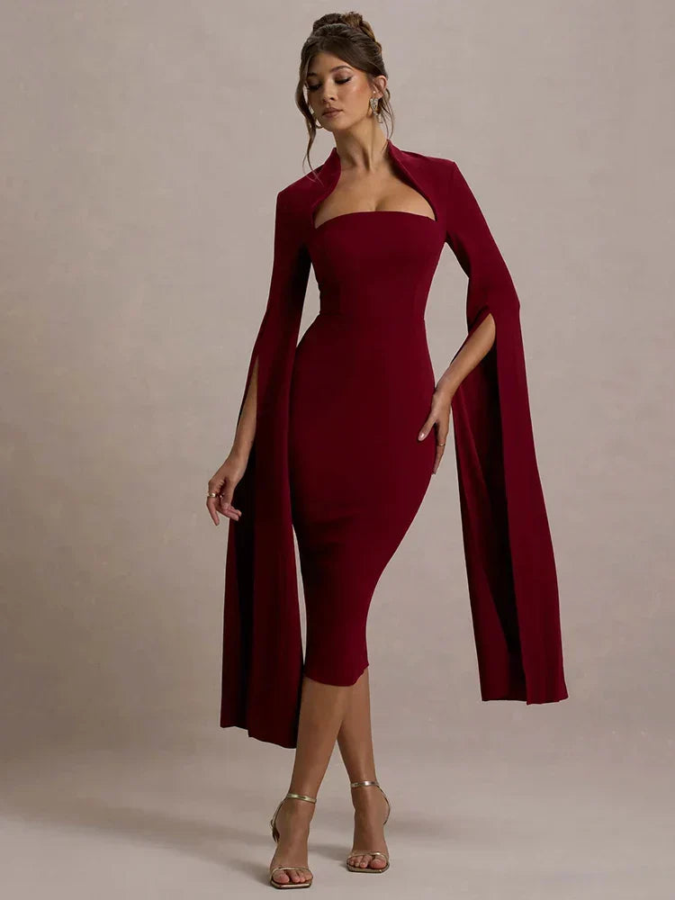 High Neck Cut Out Cape Sleeve Back Slit Bodycon Midi Dress