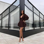 Sexy Low Cut Long Sleeve Pleated Mini Dress Women Elegant Wrap Waist Slim Party Vestido Spring Fall Harajuku Y2K Clothes