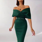 Off Shoulder Draped Cap Sleeve Wrap Belt Grommet Bodycon Midi Dress