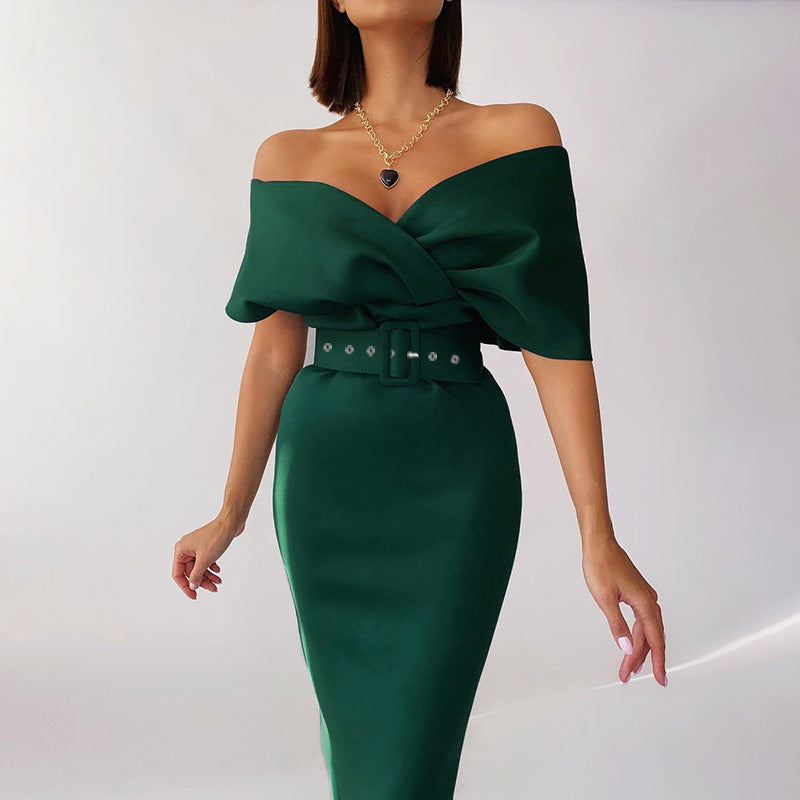 Off Shoulder Draped Cap Sleeve Wrap Belt Grommet Bodycon Midi Dress