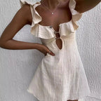 Square Neck Ruffle Strap Button Front Keyhole Cutout A-Line Mini Dress