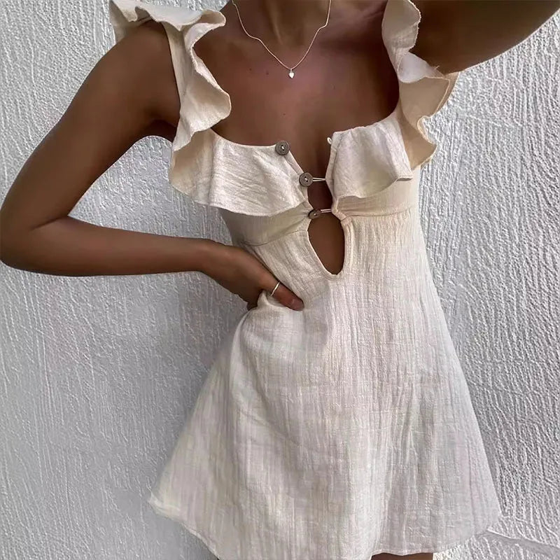 Square Neck Ruffle Strap Button Front Keyhole Cutout A-Line Mini Dress