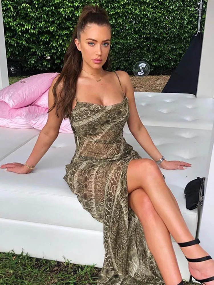 Snake Print Cowl Neck Spaghetti Strap High Slit Bodycon Midi Dress