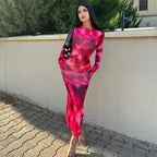 Crew Neck Long Sleeve Abstract Marble Print Bodycon Maxi Dress