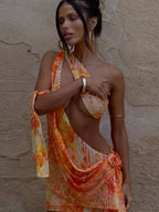 One Shoulder Abstract Print Cutout Rosette Drape Mini Dress