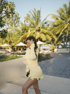 Boat Neck Long Sleeve Knit Ruffle Cuff and Hem Mini Dress