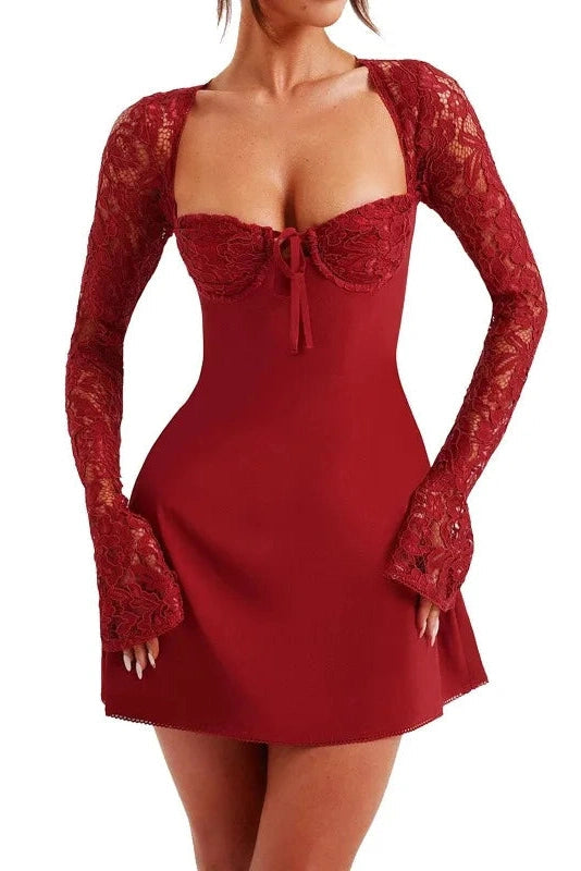 Hollow Lace Long Sleeve A-Line Patchwork Mini Dress